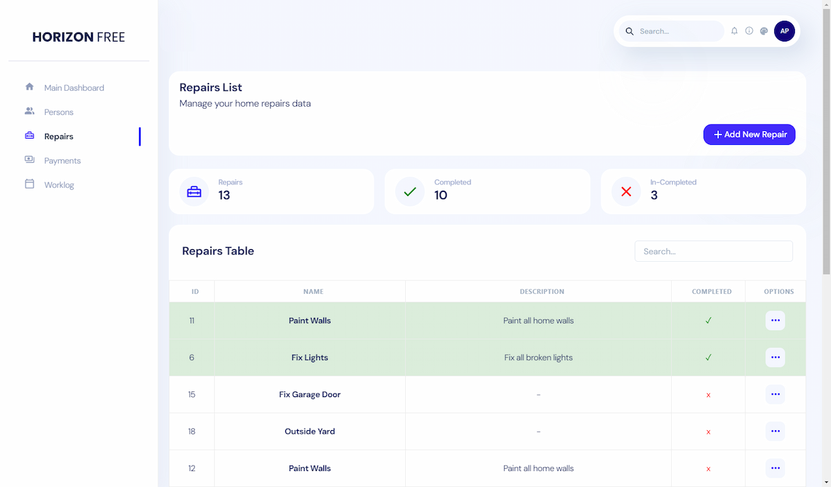React.js Home Repairs Management